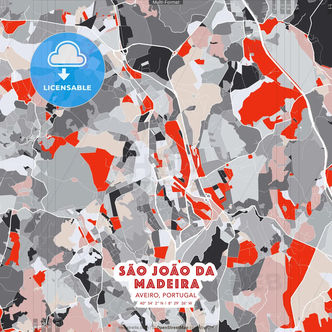 São João da Madeira, Aveiro, Portugal - modern street map poster template with gray and red tones