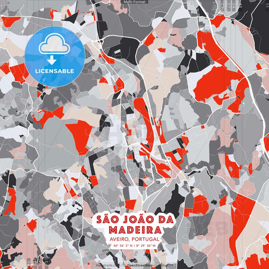 São João da Madeira, Aveiro, Portugal - modern street map poster template with gray and red tones
