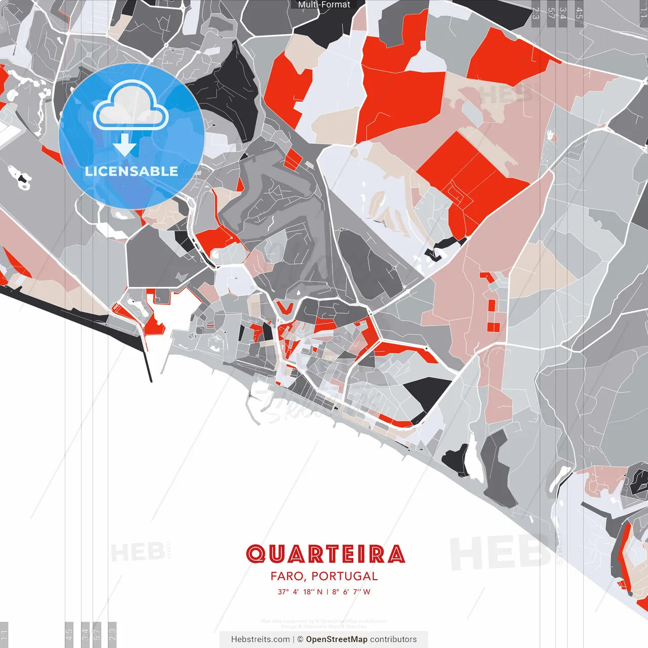 Quarteira, Faro, Portugal - modern street map poster template with gray and red tones