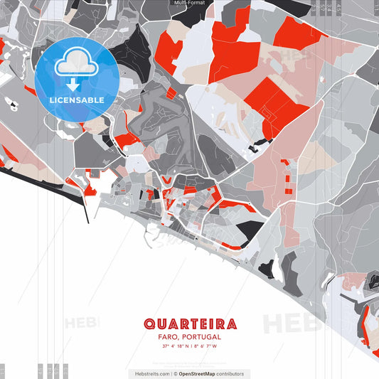 Quarteira, Faro, Portugal - modern street map poster template with gray and red tones