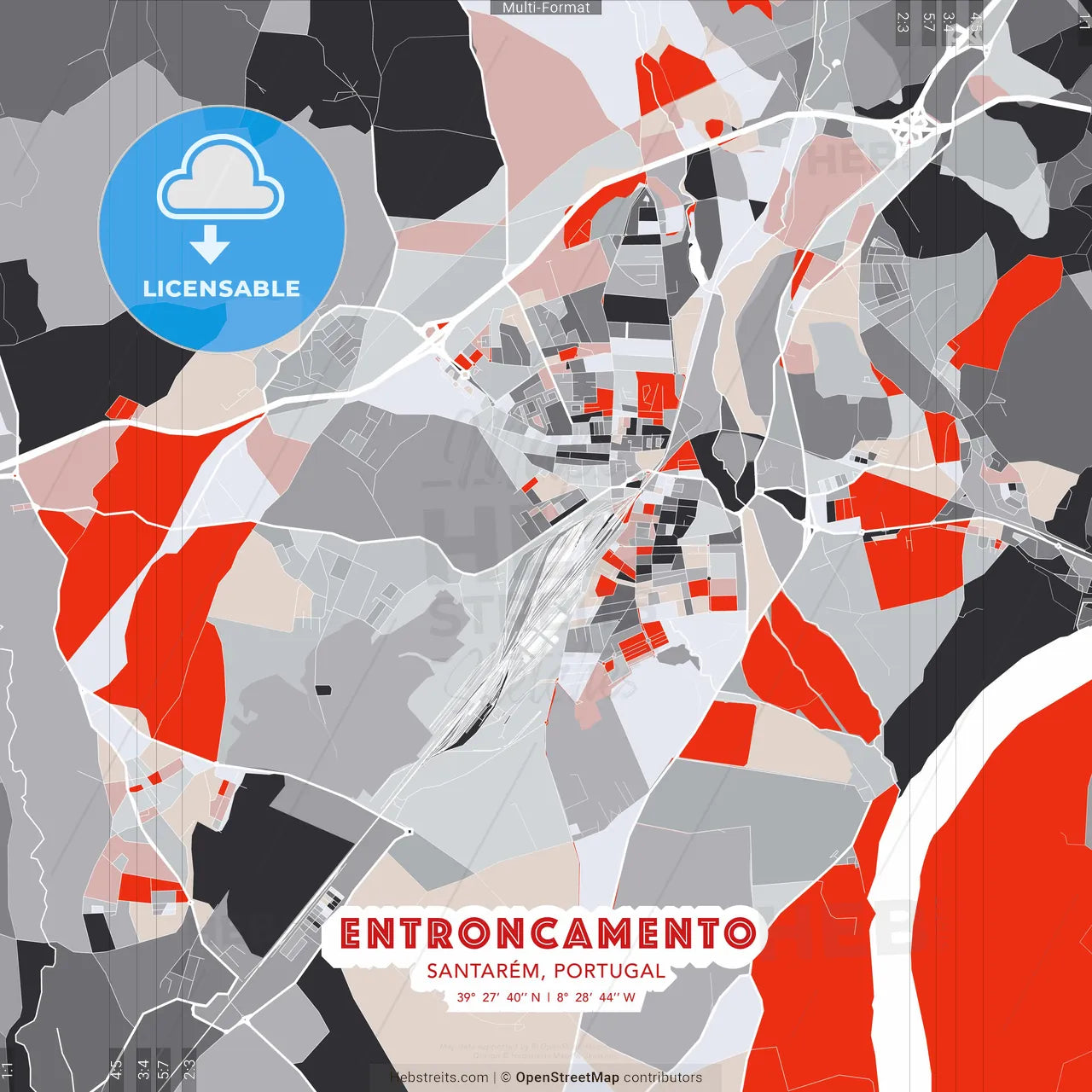 Entroncamento, Santarém, Portugal - modern street map poster template with gray and red tones