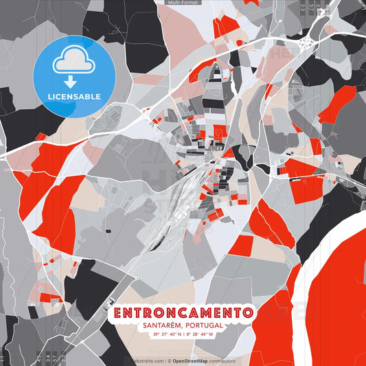 Entroncamento, Santarém, Portugal - modern street map poster template with gray and red tones