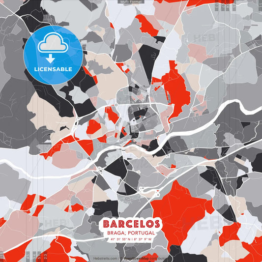 Barcelos, Braga, Portugal - modern street map poster template with gray and red tones