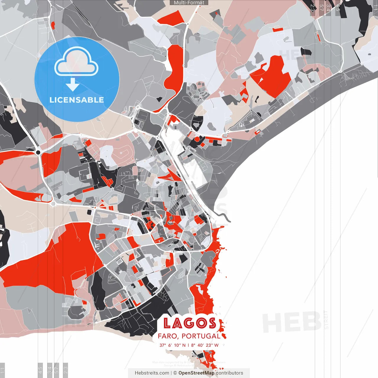 Lagos, Faro, Portugal - modern street map poster template with gray and red tones