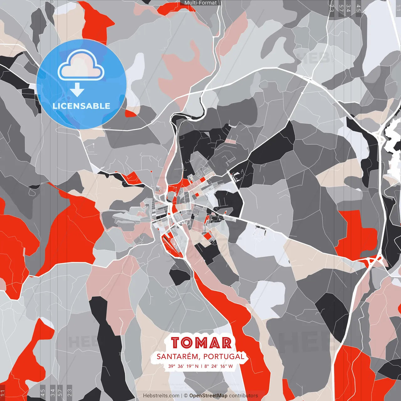 Tomar, Santarém, Portugal - modern street map poster template with gray and red tones