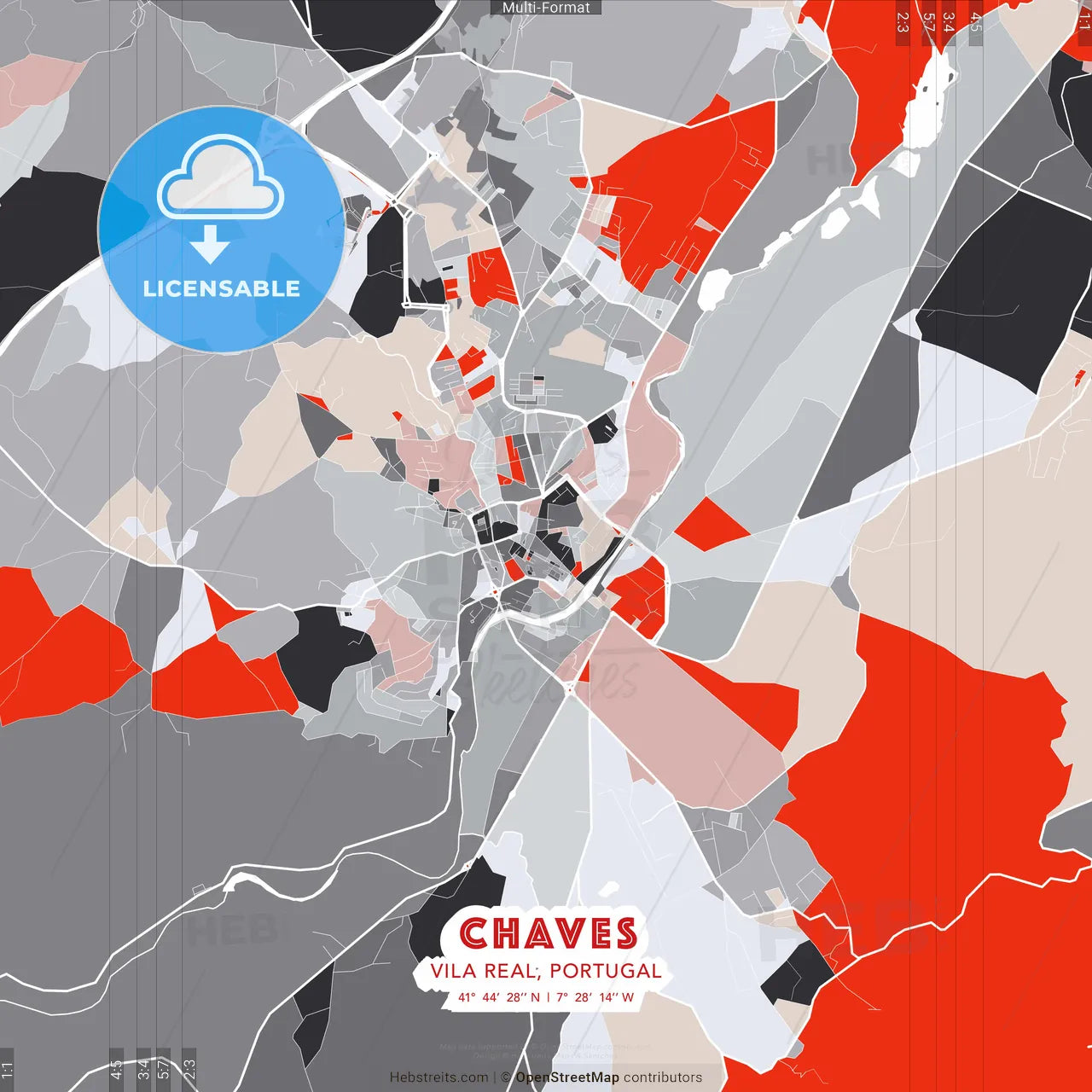 Chaves, Vila Real, Portugal - modern street map poster template with gray and red tones