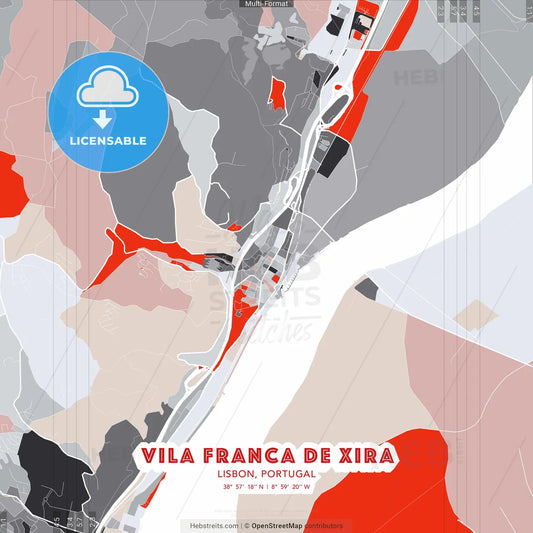 Vila Franca de Xira, Lisbon, Portugal - modern street map poster template with gray and red tones