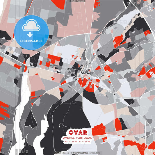 Ovar, Aveiro, Portugal - modern street map poster template with gray and red tones