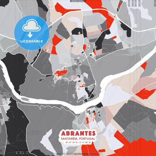 Abrantes, Santarém, Portugal - modern street map poster template with gray and red tones