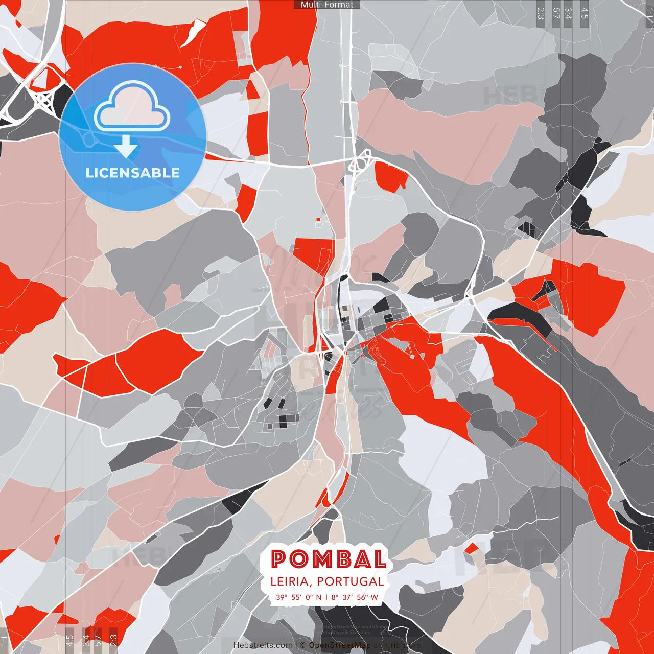 Pombal, Leiria, Portugal - modern street map poster template with gray and red tones