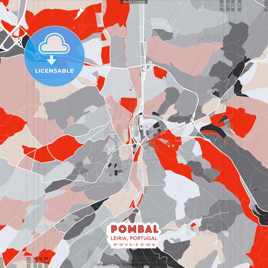 Pombal, Leiria, Portugal - modern street map poster template with gray and red tones