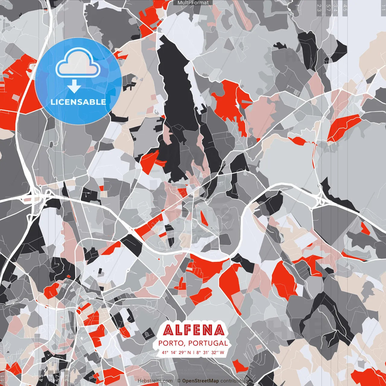 Alfena, Porto, Portugal - modern street map poster template with gray and red tones