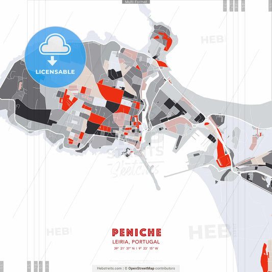 Peniche, Leiria, Portugal - modern street map poster template with gray and red tones