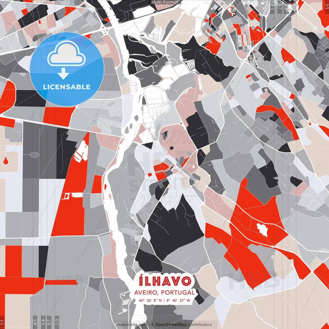 Ílhavo, Aveiro, Portugal - modern street map poster template with gray and red tones