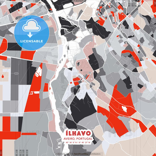 Ílhavo, Aveiro, Portugal - modern street map poster template with gray and red tones