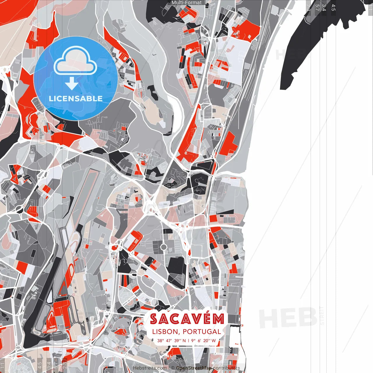 Sacavém, Lisbon, Portugal - modern street map poster template with gray and red tones