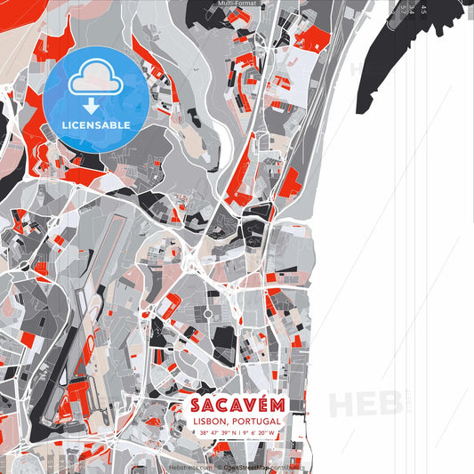 Sacavém, Lisbon, Portugal - modern street map poster template with gray and red tones