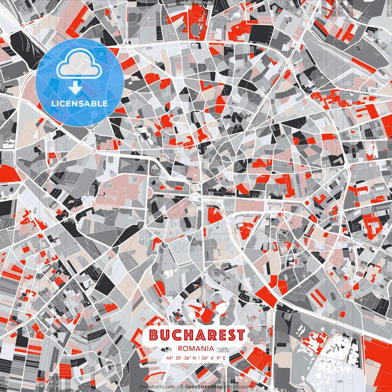 Bucharest, Romania - modern street map poster template with gray and red tones