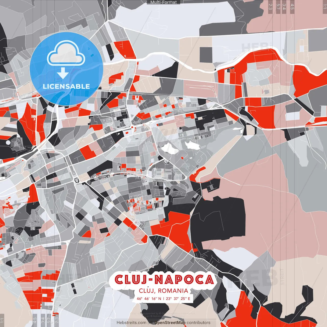 Cluj-Napoca, Cluj, Romania - modern street map poster template with gray and red tones