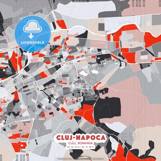 Cluj-Napoca, Cluj, Romania - modern street map poster template with gray and red tones
