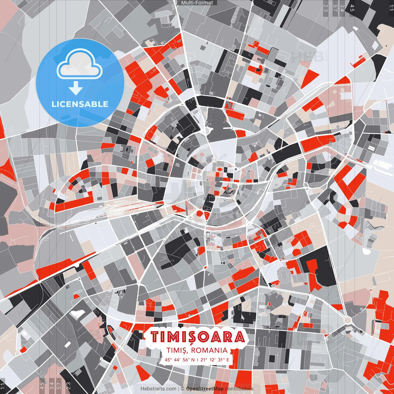 Timișoara, Timiș, Romania - modern street map poster template with gray and red tones