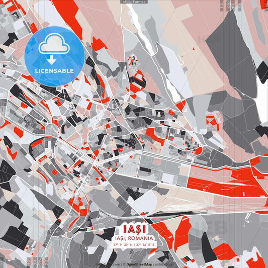 Iași, Iași, Romania - modern street map poster template with gray and red tones