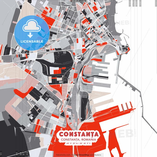 Constanța, Constanța, Romania - modern street map poster template with gray and red tones