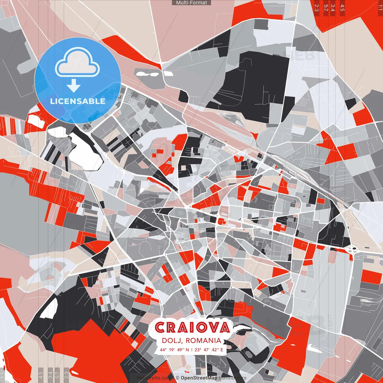Craiova, Dolj, Romania - modern street map poster template with gray and red tones