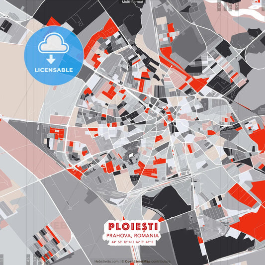 Ploiești, Prahova, Romania - modern street map poster template with gray and red tones