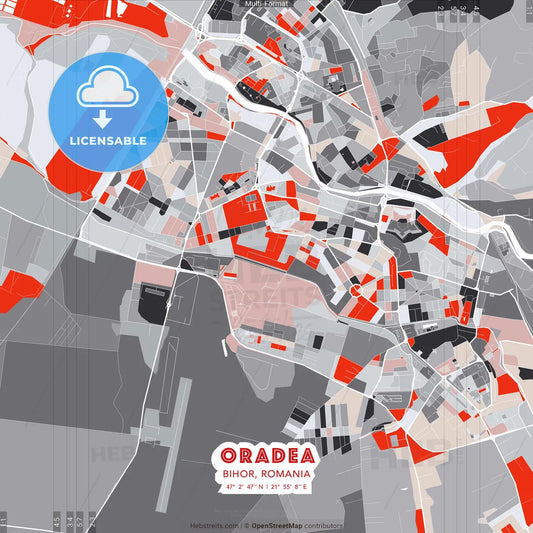 Oradea, Bihor, Romania - modern street map poster template with gray and red tones
