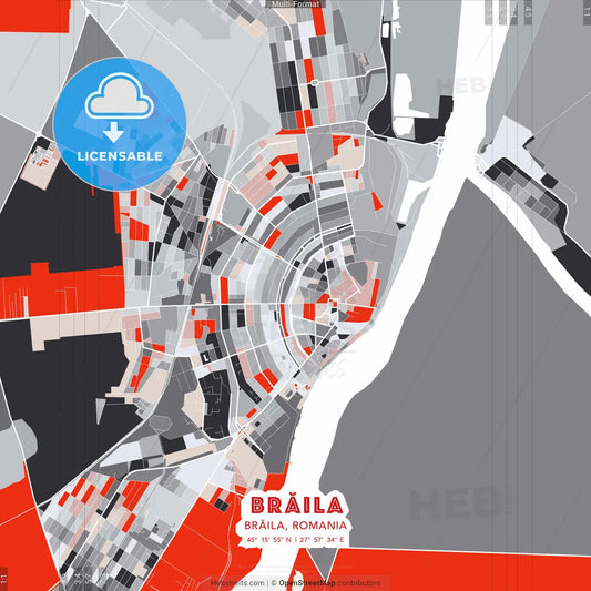 Brăila, Brăila, Romania - modern street map poster template with gray and red tones