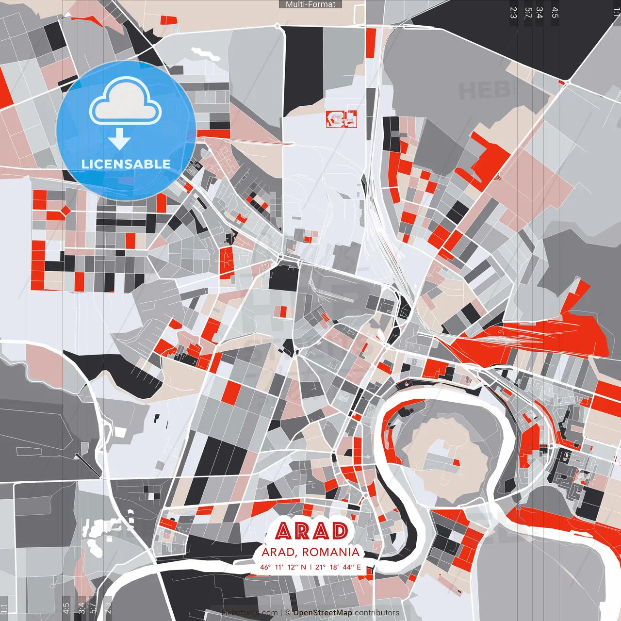 Arad, Arad, Romania - modern street map poster template with gray and red tones