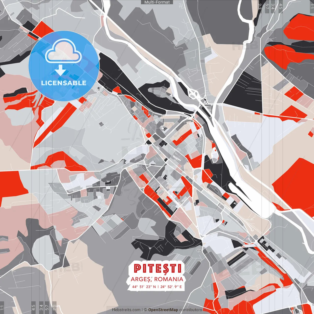 Pitești, Argeș, Romania - modern street map poster template with gray and red tones