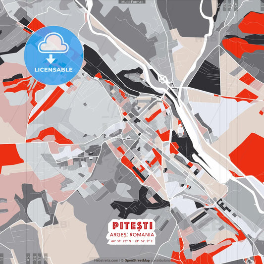 Pitești, Argeș, Romania - modern street map poster template with gray and red tones