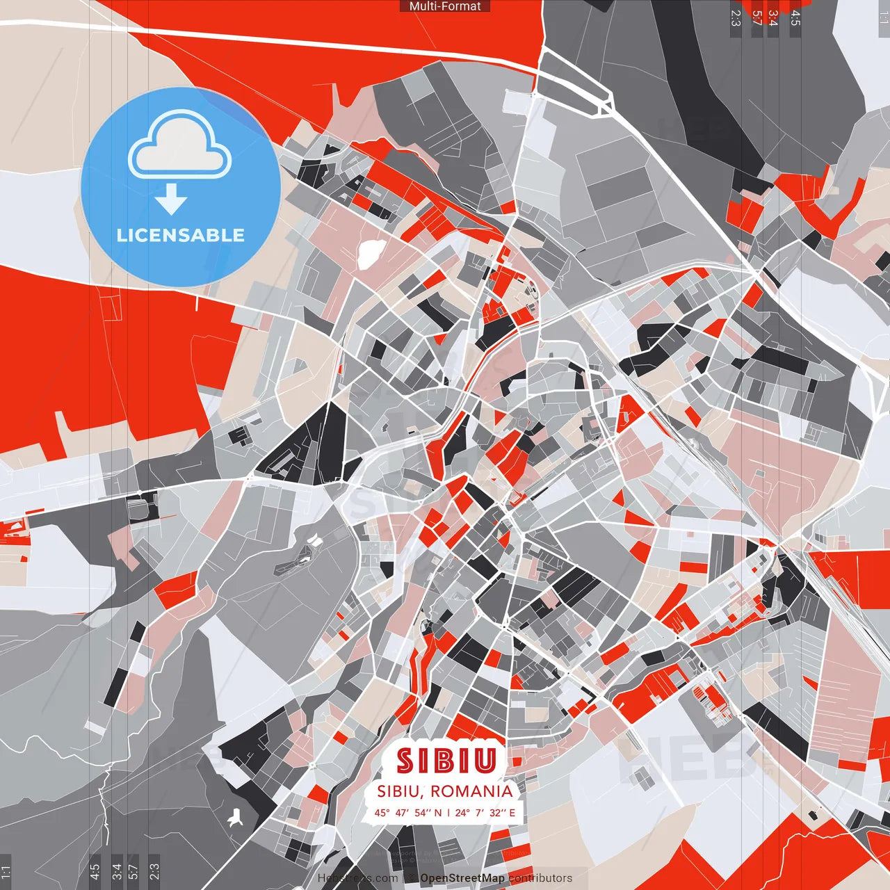 Sibiu, Sibiu, Romania - modern street map poster template with gray and red tones