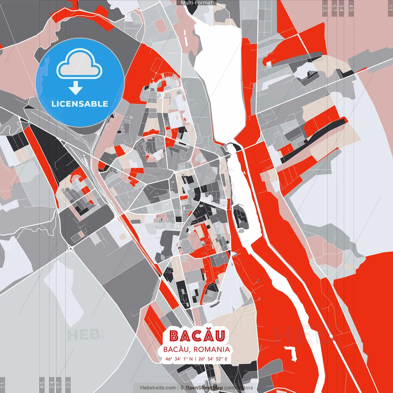 Bacău, Bacău, Romania - modern street map poster template with gray and red tones