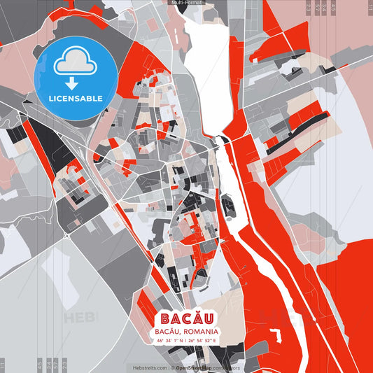 Bacău, Bacău, Romania - modern street map poster template with gray and red tones
