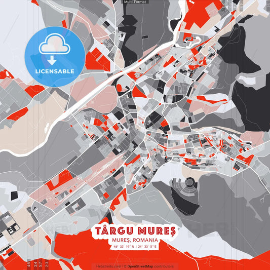 Târgu Mureș, Mureș, Romania - modern street map poster template with gray and red tones