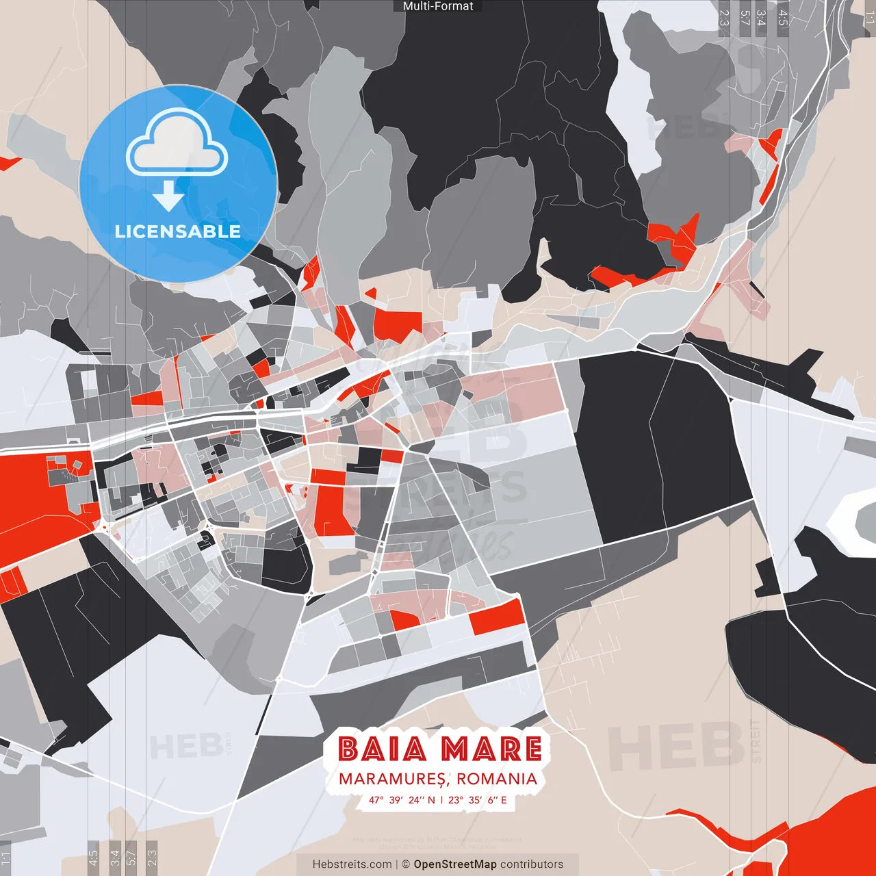 Baia Mare, Maramureș, Romania - modern street map poster template with gray and red tones