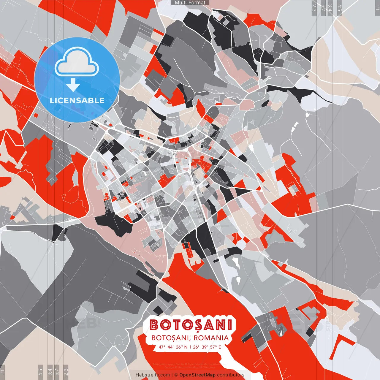 Botoșani, Botoșani, Romania - modern street map poster template with gray and red tones