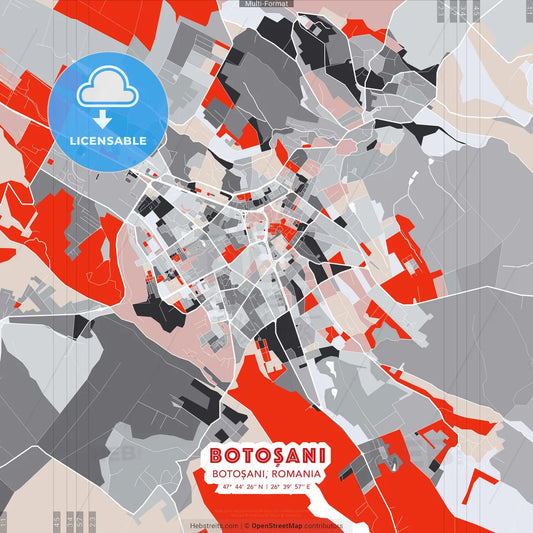Botoșani, Botoșani, Romania - modern street map poster template with gray and red tones