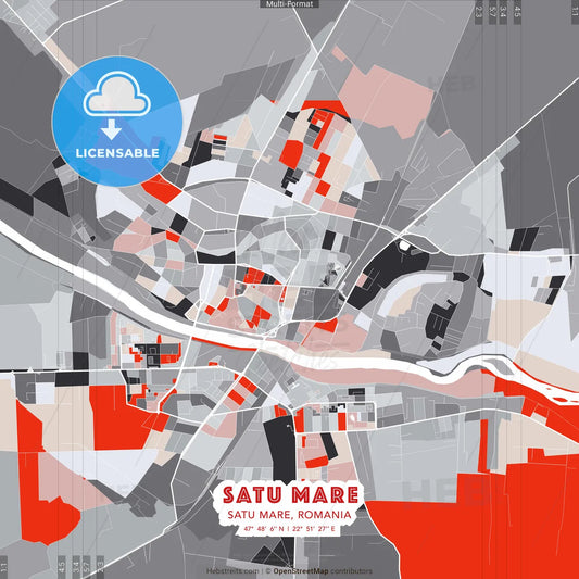 Satu Mare, Satu Mare, Romania - modern street map poster template with gray and red tones