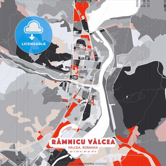 Râmnicu Vâlcea, Vâlcea, Romania - modern street map poster template with gray and red tones