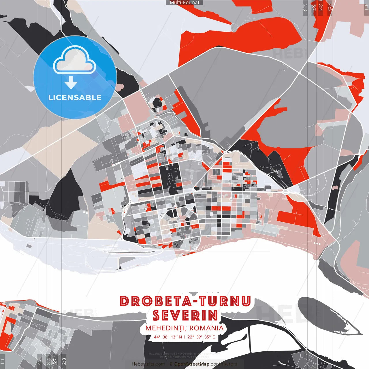 Drobeta-Turnu Severin, Mehedinți, Romania - modern street map poster template with gray and red tones
