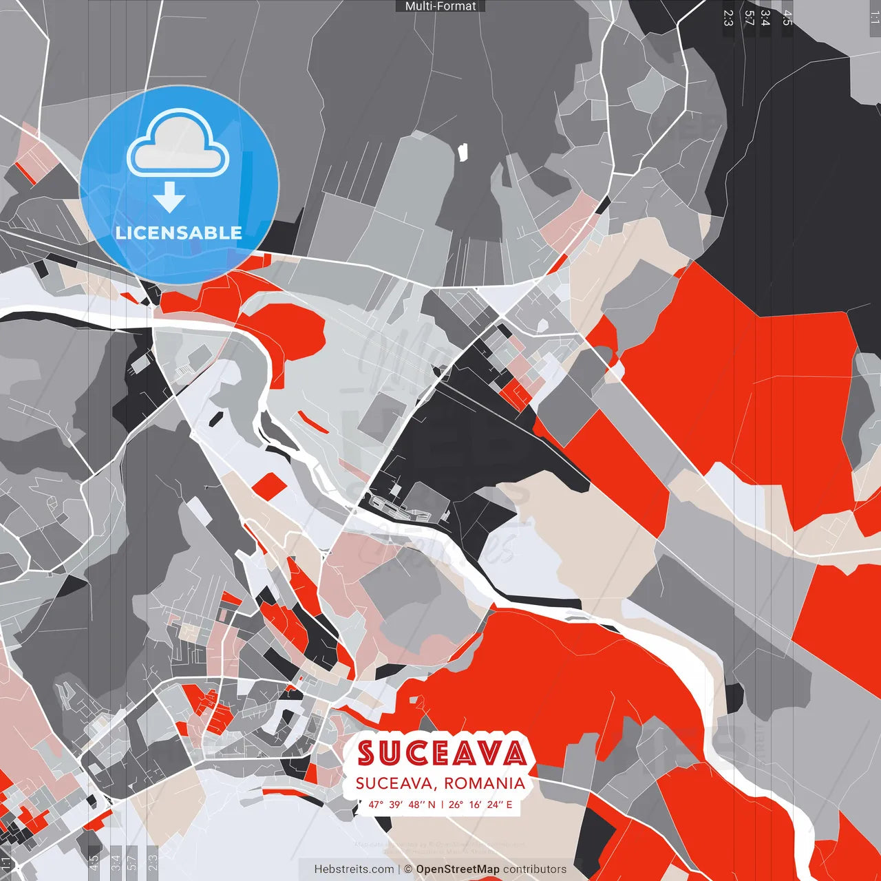 Suceava, Suceava, Romania - modern street map poster template with gray and red tones