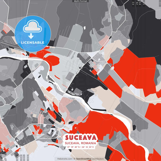 Suceava, Suceava, Romania - modern street map poster template with gray and red tones