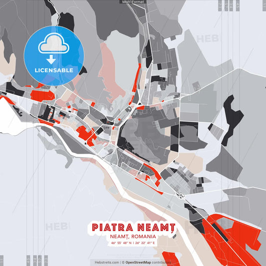Piatra Neamț, Neamț, Romania - modern street map poster template with gray and red tones