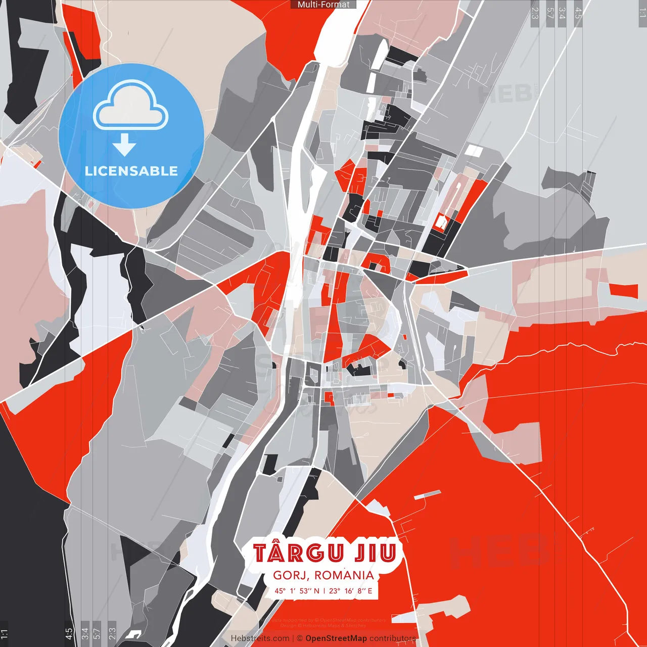 Târgu Jiu, Gorj, Romania - modern street map poster template with gray and red tones