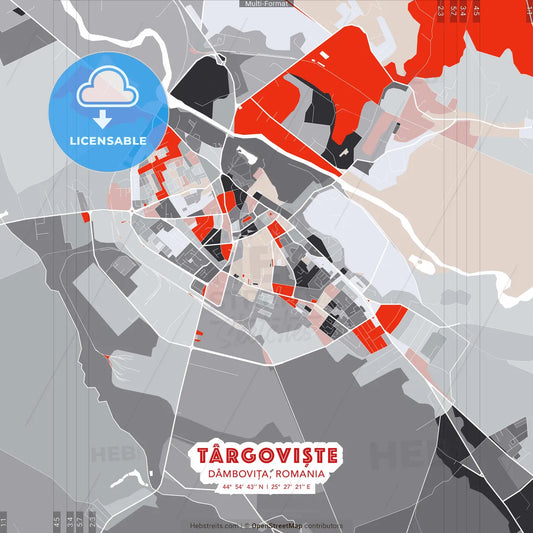 Târgoviște, Dâmbovița, Romania - modern street map poster template with gray and red tones