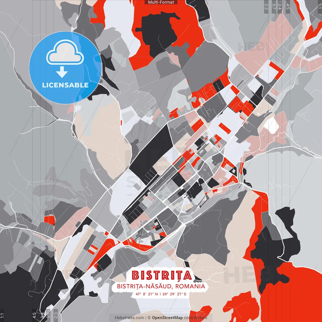 Bistrița, Bistrița-Năsăud, Romania - modern street map poster template with gray and red tones